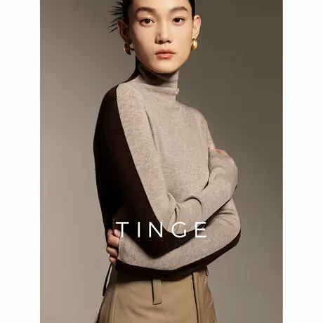 TINGE岛精一线成衣撞色无缝羊毛衫女气质高领内搭针织打底衫上衣商品大图