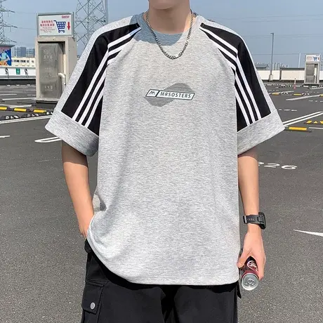 美式潮牌vibe插肩短袖T恤男夏季新款青少年半袖圆领重磅情侣上衣商品大图