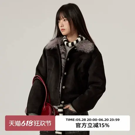 omont蛋挞家复古麂皮保暖夹克短外套冬毛领保暖休闲夹克上衣图片