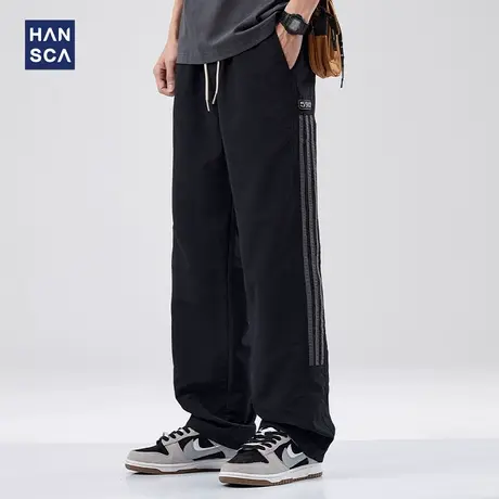 hansca三条杠休闲裤男2024新款夏季薄款黑色松紧腰宽松直筒阔腿裤商品大图