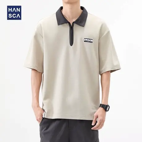 hansca撞色半拉链短袖polo衫男2025新款夏季重磅休闲翻领t恤上衣商品大图