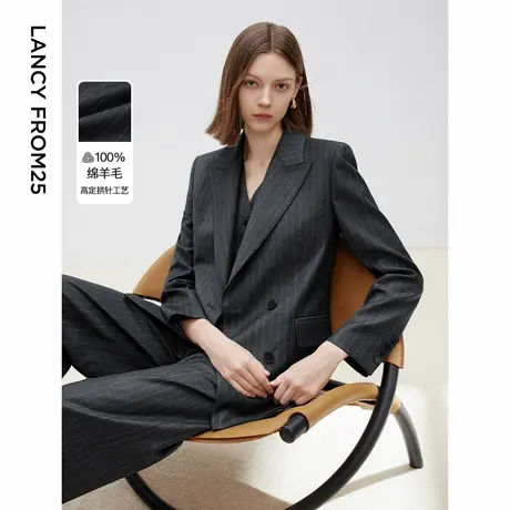 朗姿纯羊毛复古灰色条纹西服外套气质正装2025春季新款高级感西装图片