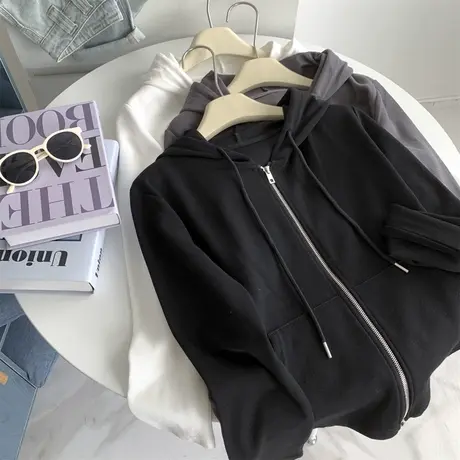 双拉链连帽卫衣女春秋季百搭宽松显瘦设计感小众开衫外套上衣服潮图片