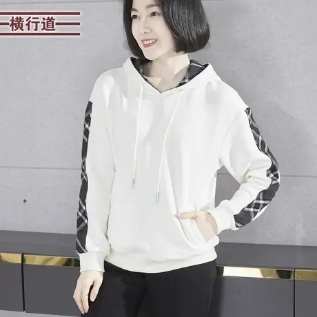 2023新款冬装连帽拼接格子宽松长袖卫衣纯色韩版妈妈大码女装上衣图片