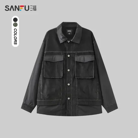 三福2023冬男士灯芯绒拼色夹克 时尚明线宽松翻领外套男476172商品大图