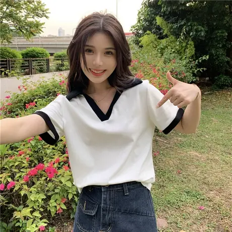 v领短袖t恤女2023夏季新款短款设计感小众正肩polo衫翻领撞色上衣商品大图