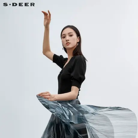 sdeer圣迪奥女装V领抽褶修身中袖针织衫S22263505图片