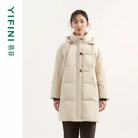 [专柜同款]Yifini/易菲国风纽扣新中式宽松中长款加厚连帽羽绒服商品大图