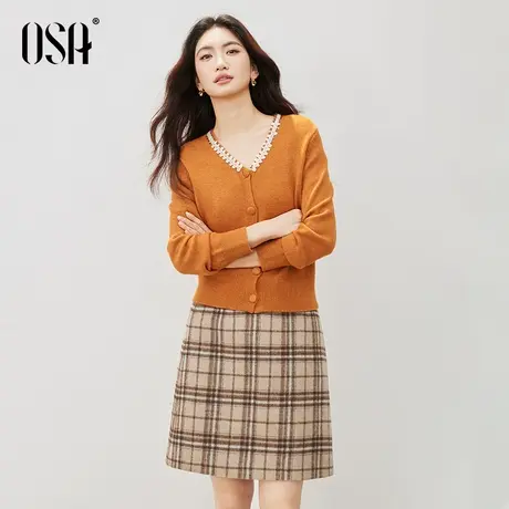 OSA欧莎落日橘色针织开衫女2025秋季新款钉珠V领软糯长袖毛衣上衣图片