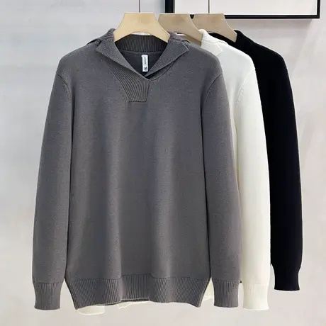 美式设计感糯软翻领毛衣男宽松纯色休闲缺口领针织衫ins潮牌秋冬商品大图
