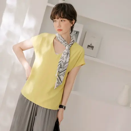 桔熊夏季通勤雪纺衫凉爽印花领巾纯色V领短袖上衣女大码AB17057商品大图