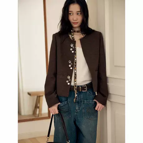 爵莱菲大码花朵扣圆领短款小香风外套女法式编织棕色垫肩上衣秋季商品大图