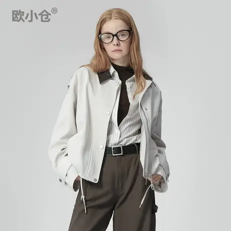 欧小仓巴恩风撞色领哈灵顿夹克 Boxyfit重工后展褶棉感工装风外套商品大图