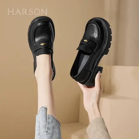 哈森一脚蹬乐福鞋女2025新款秋季英伦风小皮鞋厚底单鞋女鞋商品大图