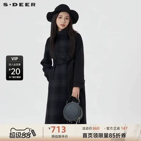 sdeer圣迪奥女装立领格纹收腰双面呢长款大衣S23482534商品大图