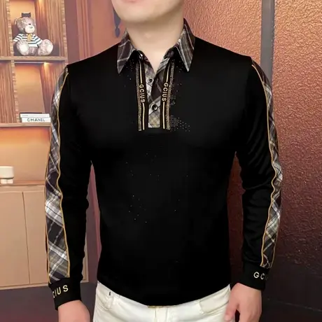 欧货轻奢男装高端POLO衫秋季潮牌时尚拼接卫衣痞帅衬衫领长袖T恤商品大图