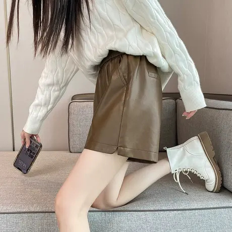 皮短裤女2023秋冬新款宽松显瘦百搭pu皮裤阔腿松紧腰a字外穿靴裤商品大图