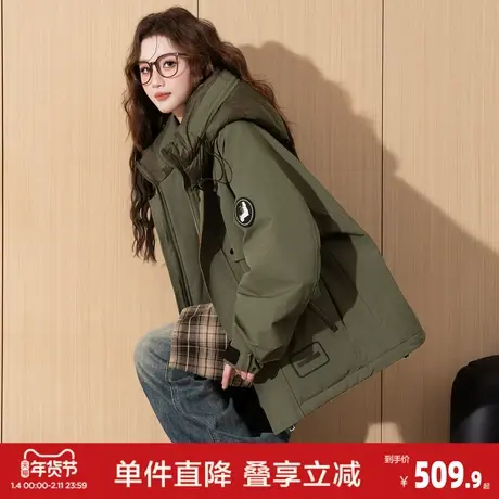 唐狮2026新款女士短款工装羽绒服户外防风保暖防寒连帽保暖外套商品大图