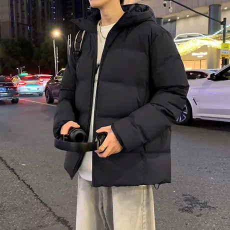 唐狮冬季新款羽绒服男连帽短款纯色休闲加厚保暖面包服外套潮TD商品大图