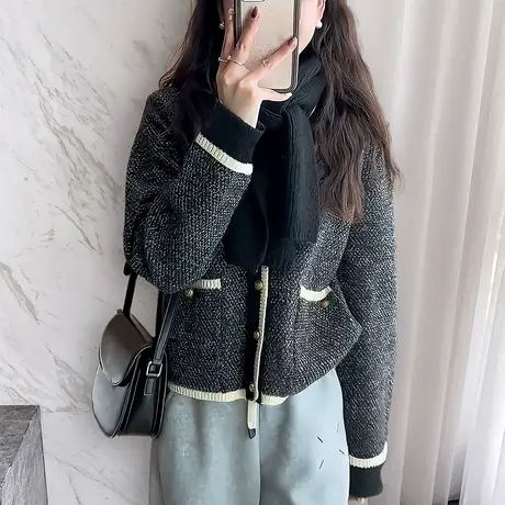 唐狮秋冬毛衣女简约风撞色边设计开衫针织外套春秋高级感百搭tu图片