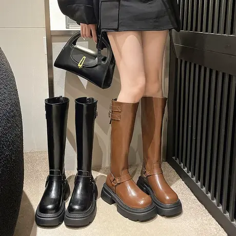 厚底长筒靴女2023春秋季新款韩系复古设计感瘦瘦靴粗跟增高骑士靴图片