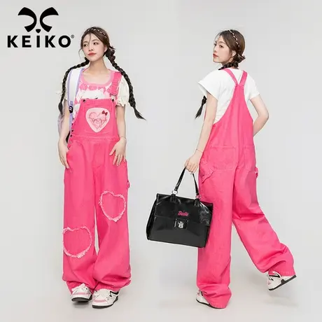 少女感桃粉色背带牛仔裤女全棉薄款2023夏季减龄阔腿拖地连体长裤商品大图