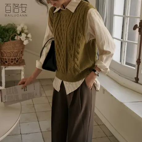 百洛安复古麻花毛衣马甲背心女厚秋冬新款气质圆领叠搭无袖针织衫商品大图