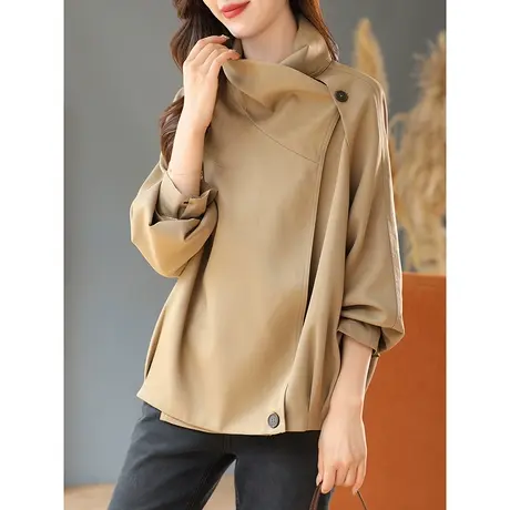 宝诗黎立领蝙蝠袖纯色宽松外套女2023秋季新款设计小众感短款风衣商品大图