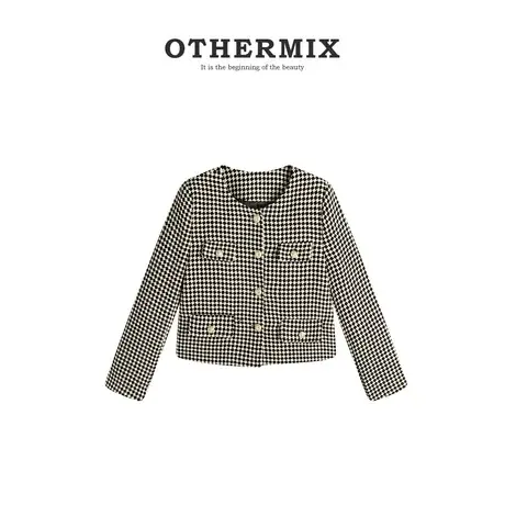 othermix小香风短外套女2023秋冬新款圆领宽松百搭女士格子短上衣图片