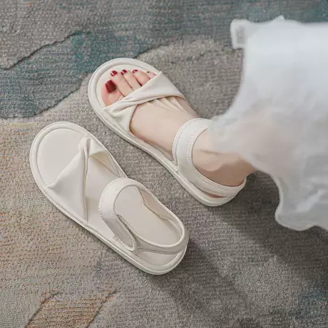 2023年夏季新款凉鞋女仙女风软底踩屎感魔术贴百搭平底罗马沙滩鞋商品大图