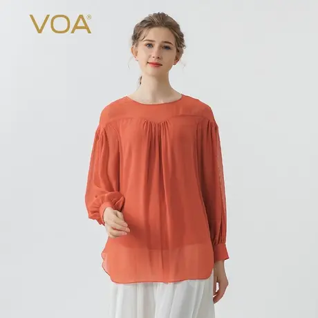 VOA乔其纱桑蚕丝锈红色圆领褶皱衬衫九分袖宽松舒适双层真丝T恤夏图片