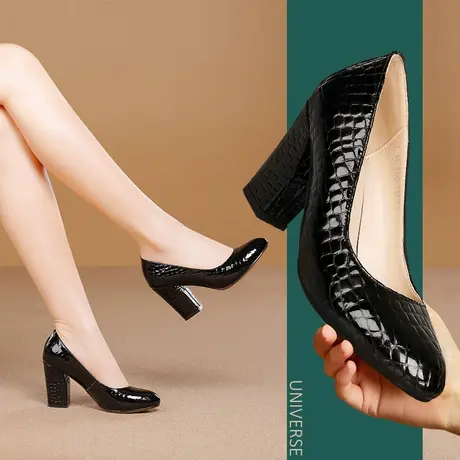 浓情漫宇春夏新款大码女4041粗跟单鞋漆皮百搭时尚真皮高跟鞋图片