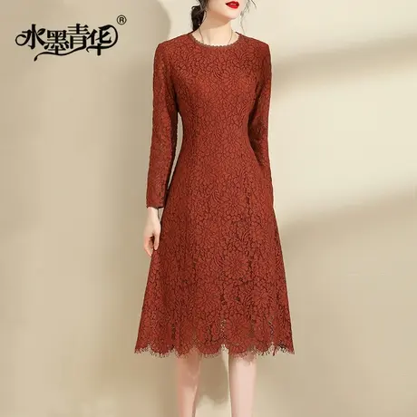 水墨青华春装新品时尚百搭打底a型裙气质优雅收腰蕾丝连衣裙商品大图