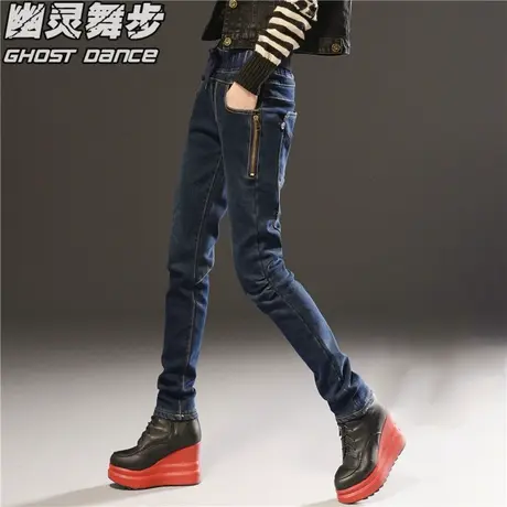 加绒牛仔裤女高腰小脚裤2023新款秋冬季宽松显瘦萝卜哈伦老爹裤子商品大图