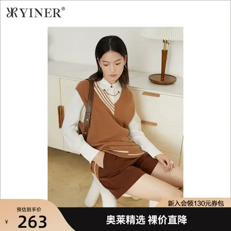 YINER音儿女装2021秋新款不规则条纹无袖纯羊毛针织衫商品大图