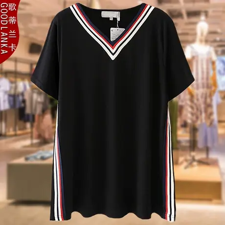 加肥加大码女装V领T恤200斤中年妈妈夏装洋气时尚中长款短袖上衣商品大图