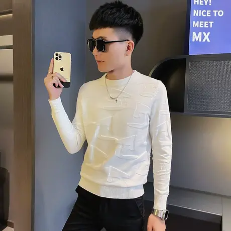 秋季男士毛衣针织衫线衣修身长袖套头潮流立体字母体恤潮牌打底衫商品大图