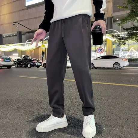 加绒休闲裤秋冬季新款纯色呢料宽松直筒长裤重磅潮牌加厚运动卫裤商品大图