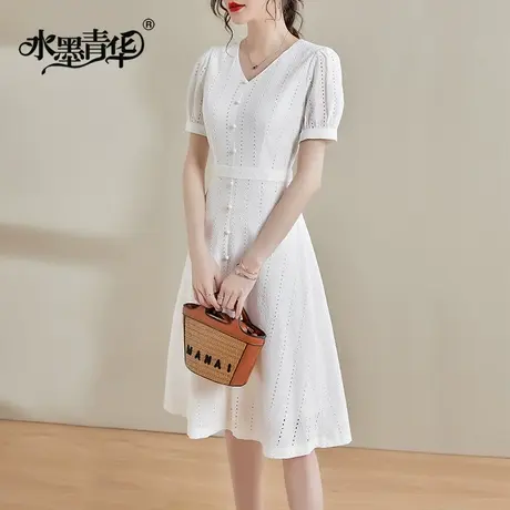 【1件7.9折】新品百搭显瘦夏季白色裙子时尚洋气修身短袖连衣裙图片