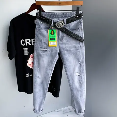 夏季款男士破洞牛仔裤男潮牌修身小脚韩版潮流百搭长裤子高端新款商品大图