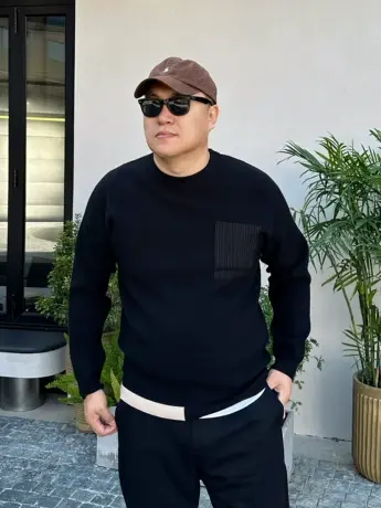 DAEVU冬新款简约拼接大号潮胖子加肥加大码男款圆领毛衣针织衫商品大图