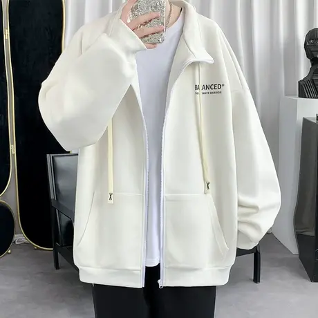 港风立领夹克男潮牌春秋款宽松落肩外套男青少年休闲运动开衫卫衣商品大图