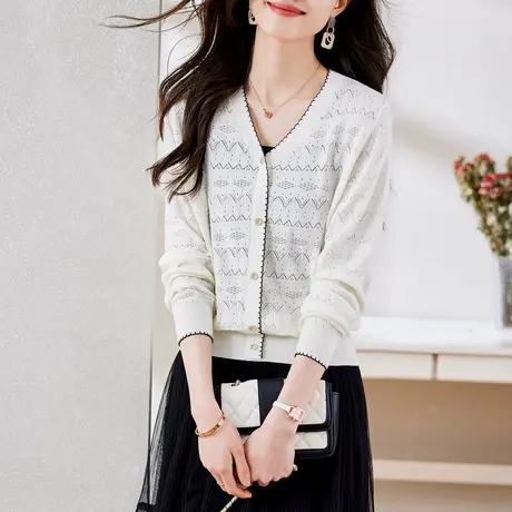 时尚气质淑女针织开衫2023年春季新款温柔甜美V领显瘦通勤上衣图片