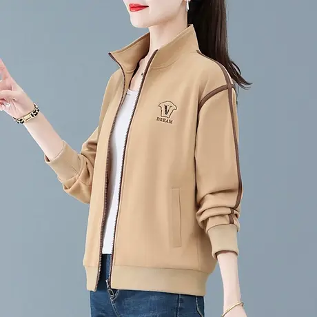 清歌立领卫衣外套女秋冬2023年新款时尚卡其色休闲运动服拉链外衣商品大图
