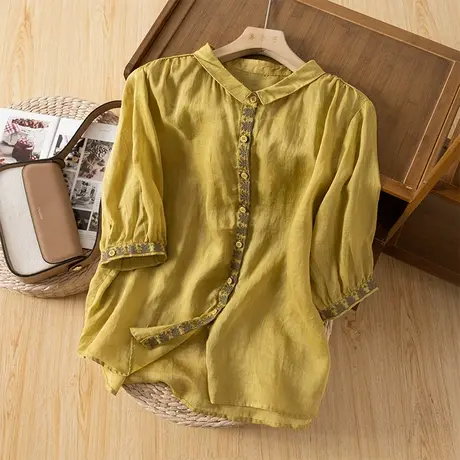 享永子五分袖苎麻衬衫女文艺复古棉麻上衣设计感百搭小衫2023新款图片