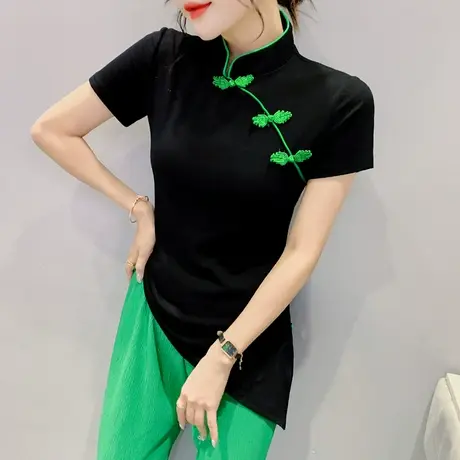 不规则复古上衣女短袖中国风时尚开叉盘扣T恤设计感修身气质小衫商品大图
