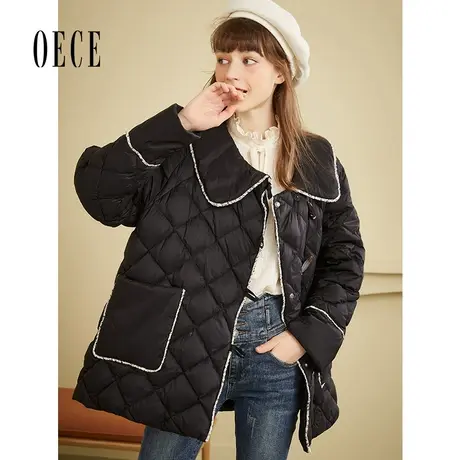 Oece黑色羽绒服冬新款复古学院减龄牛角扣中长外套商品大图