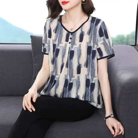 印染T恤女小众重磅印花妈妈桑蚕丝上衣短袖气质大码小衫夏季女装商品大图