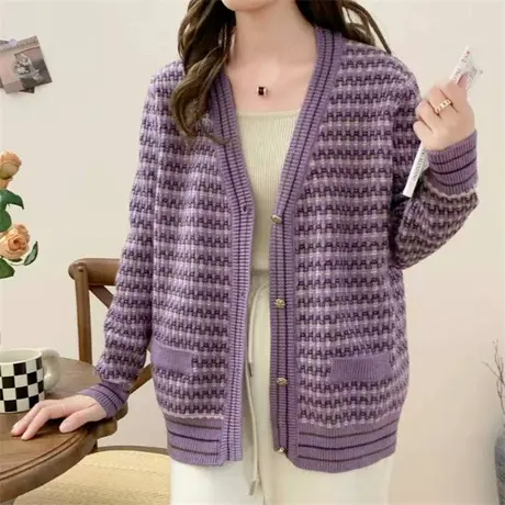 秋冬2023新款V领千鸟格复古文艺针织开衫毛衣秋装洋气气质外套商品大图