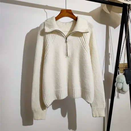 翻领半拉链毛衣女宽松套头秋冬新款韩版宽松打底洋气针织上衣外穿商品大图
